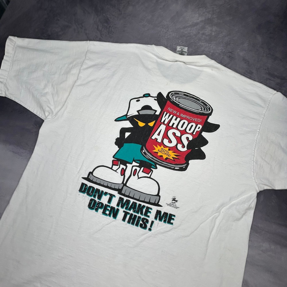 Vintage 90s Whoop Ass Inc Graphic T Shirt Mens XL White Skater Streetwear Boxy - Picture 8 of 8